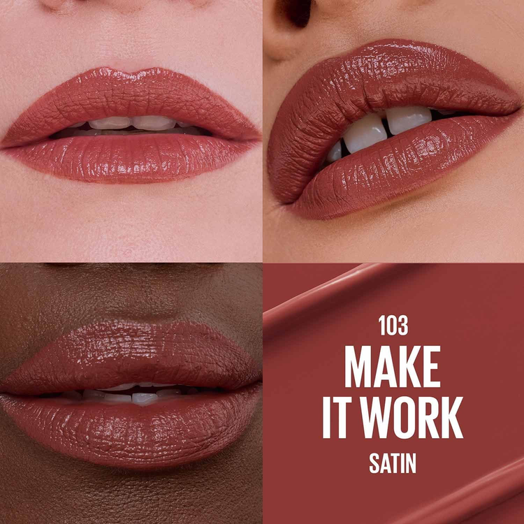 رژ لب براق ستین(satin) سرمی میبلین شماره 103 Make It Work