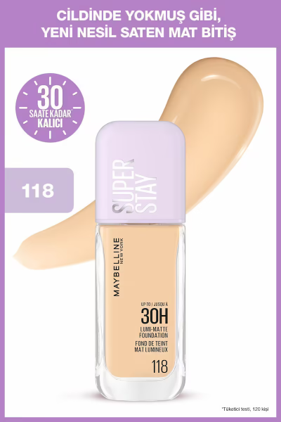 کرم پودر شماره 118 لومی مات Maybelline مدل سوپر استی 30 ساعته